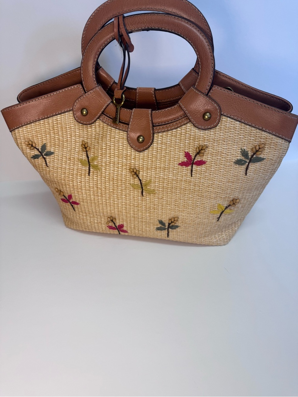 Fossil Tan Straw Tote with Brown Leather Trim and Multicolor Embroidery - Picture 3 of 16